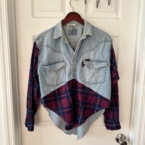 Y2K “The Ragged Priest” Denim and Plaid Button-Up Shirt
